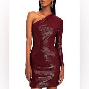 BURGUNDY SOLACE LONDON ZURI SEQUINED ONE-SHOULDER MINI DRESS